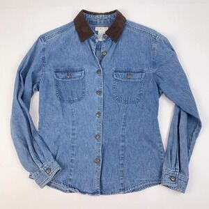 Vintage Talbots Denim Suede Collar Button Up Long Sleeve Shirt Size Small